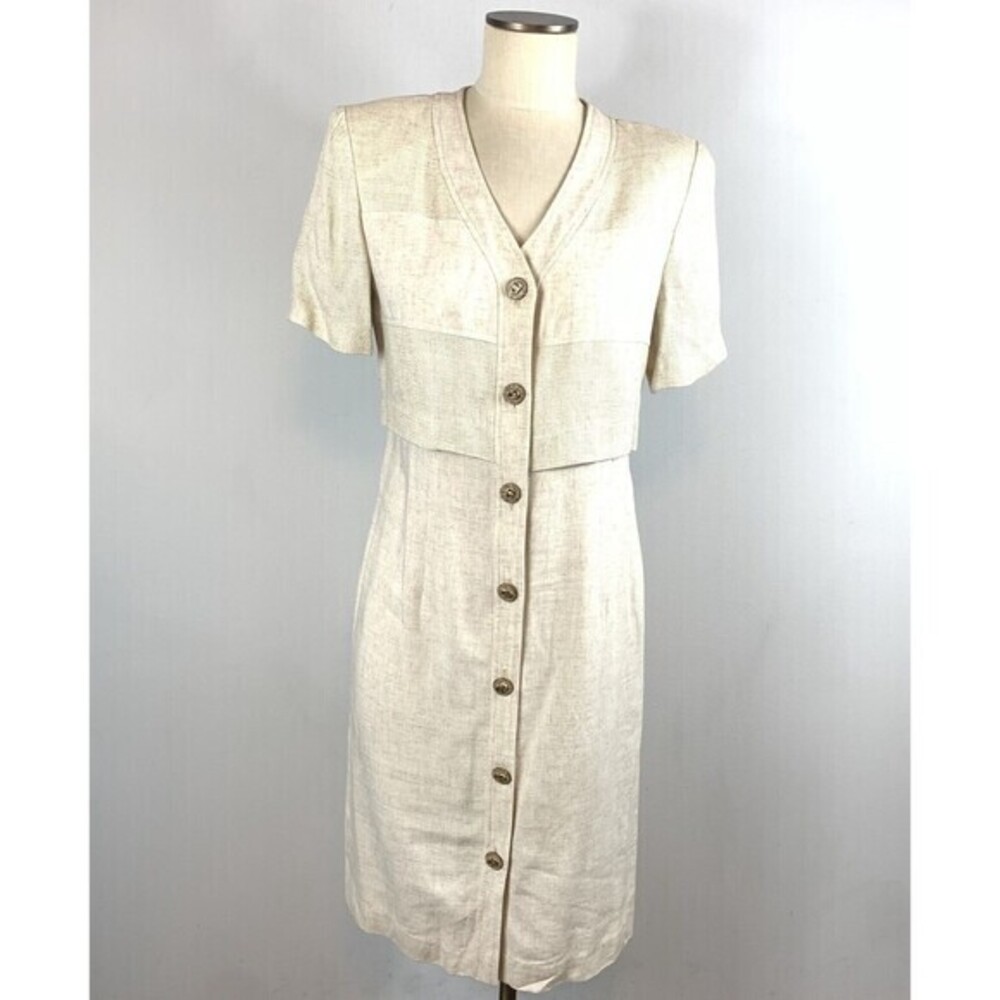 Vintage Peri Petites Dress 10 Rayon Flax Button Front Secretary Short Sleeves